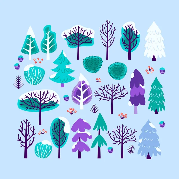 Büyük Kış Noel Ağacı Seti Doğa Bitkilerinin Çalıların Vektör Llüstrasyonu — Stok Vektör