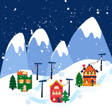 Kış Kasabası Dağları. Mevsimsel Selamlamaların Vektör İllüstrasyonu. Tatil Kutlaması.