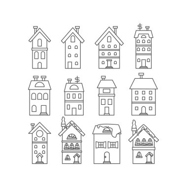 Çizgi Sanat Kış Evleri Set. Mevsimlik Anahatlar Binanın Vektör İllüstrasyonu. Tatil Kutlaması.