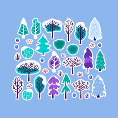 Kış Noel Ağacı Etiketi Seti. Doğa Bitkilerinin ve Çalıların Vektör İllüstrasyonu.