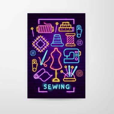 Sewing Neon Flyer. Vector Illustration of Craftsmanship Promotion.