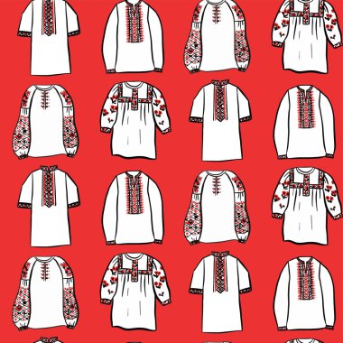 Red Ukraine Embroidery Shirt Seamless Pattern. Vector Illustration of Sketch Doodle Hand drawn Ukrainian Cultural Clothes.