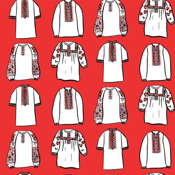 Red Ucrânia Bordado Camisa Sem Costura Padrão Ilustração Vetorial Esboço — Vetor de Stock