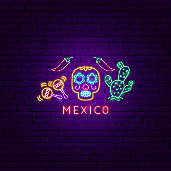 Mexico Neon Label Vector Illustration Hispanic Religion Holiday Glowing Led — Vetor de Stock