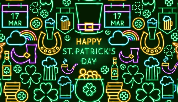 Saint Patrick Day Neon Banner Vector Illustration Green March Holiday — Vetor de Stock