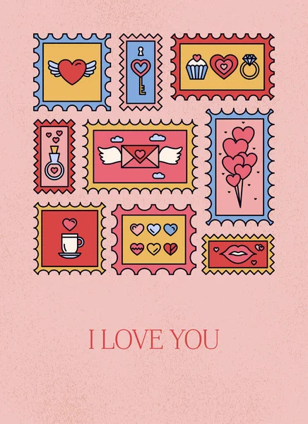 Cartão Saudação Selo Postal Amor Ilustração Vetorial —  Vetores de Stock