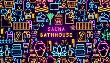 Sauna Hamamı Neon Banner. Yıkama Prosedürünün Vektör İllüstrasyonu. Temiz ve Yıka. Parlayan Led Lambası Tanıtımı.