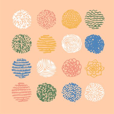 Soyut Bej Doodle Circle Set. Moda İskandinav Tasarımı 'nın Vektör İllüstrasyonu. Renkli Arkaplan.