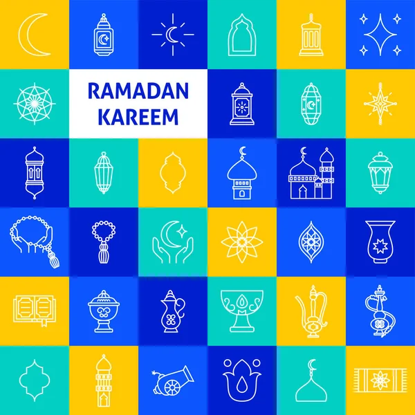 Ikony Linii Ramadan Kareem Wektor Cienki Zarys Symbole Wakacyjne — Wektor stockowy