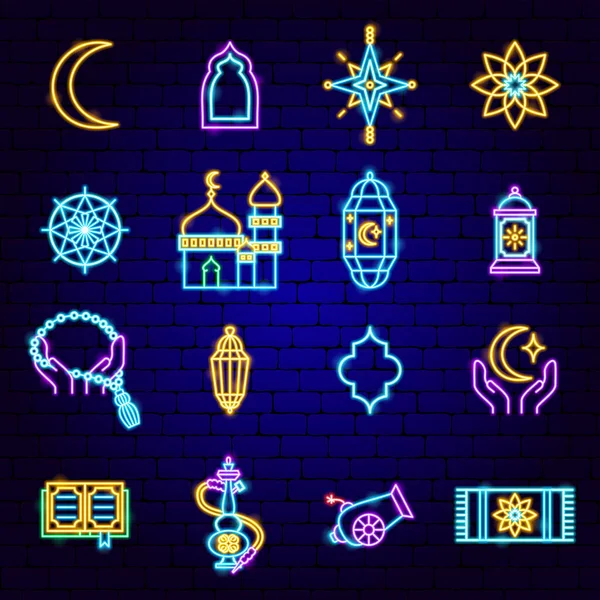 Ramadan Holiday Neon Icons Vector Illustration Islamic Month Religion Symbol — Stock Vector