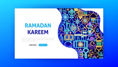 Ramazan Neon İniş Sayfası. Arap Dini Parlak Kavramının Vektör İllüstrasyonu.