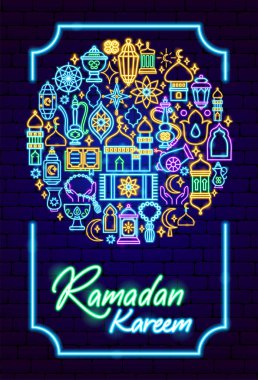 Ramazan Kareem Tatil Neon Posteri. Arap Dini Parlak Kavramının Vektör İllüstrasyonu.