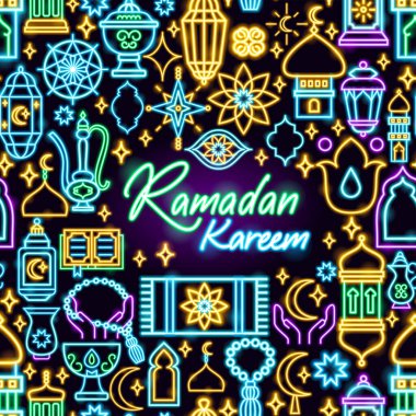 Ramazan Kareem Neon Frame. Arap Dini Parlak Kavramının Vektör İllüstrasyonu.