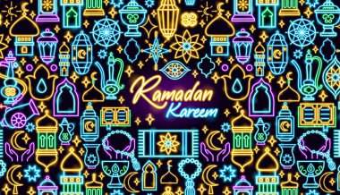 Ramazan Neon Banner. Arap Dini Parlak Kavramının Vektör İllüstrasyonu.