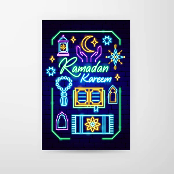 Ramadan Kareem Neon Flyer Vector Illustration Religion Arabian Glowing Concept — Stock Vector
