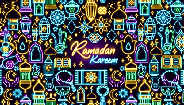Ramadan Kareem Neon Banner Vector Illustratie Van Religie Arabisch Gloeiend — Stockvector