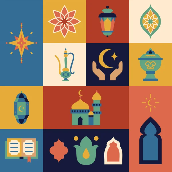 Ramadan Kareem Flat Square Ikoner Vektor Illustration Religiös Islam Arabiska — Stock vektor
