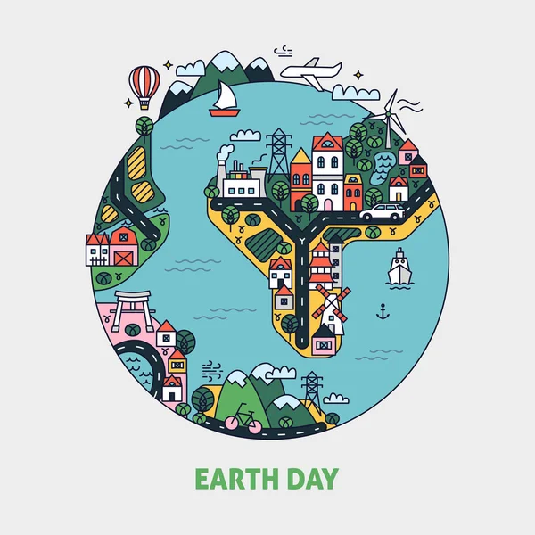 Earth Day Planet Vector Illustration Outline Colorful Travel Ecology Concept — Stock Vector