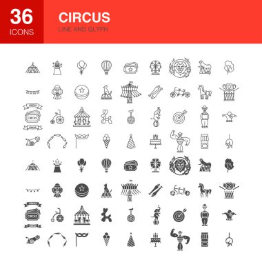 Circus Line Web Glyph Simgeleri. Tatil Taslak ve Düz Sembollerinin Vektör ResmiComment.