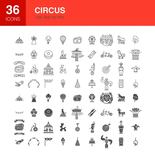 Circus Line Web Glyph Ikonok Vektor Illusztrációja Ünnepi Körvonalak Sík — Stock Vector
