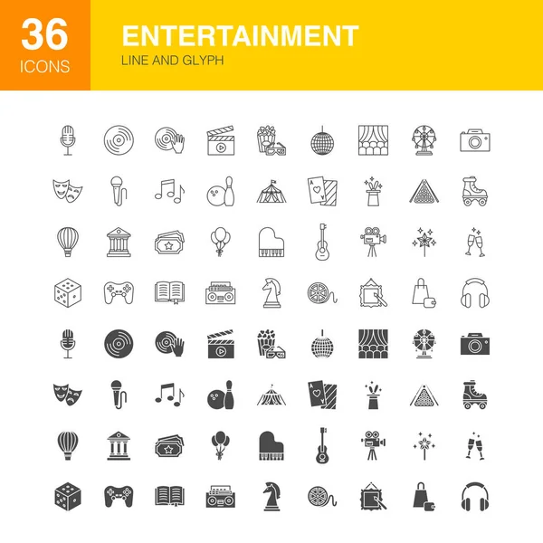 Entertainment Line Web Glyph Icons Inglés Ilustración Vectorial Del Esquema — Vector de stock