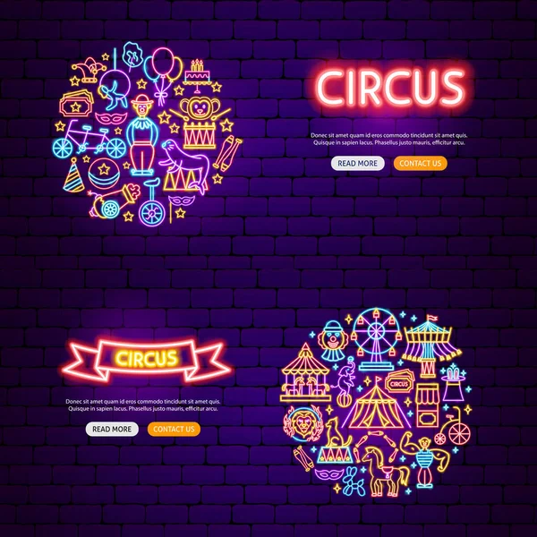 Circo Neon Banners Ilustração Vetorial Conceito Brilhante Mostra Festival — Vetor de Stock