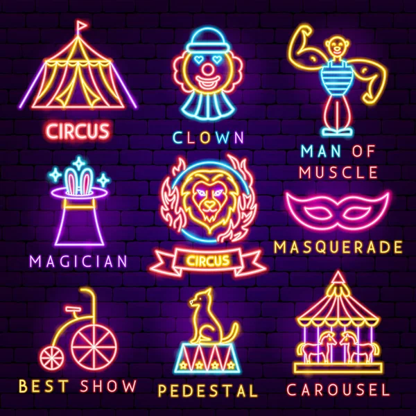 Circus Label Set Vector Illustratie Van Entertainment Festival Gloeiend Concept — Stockvector