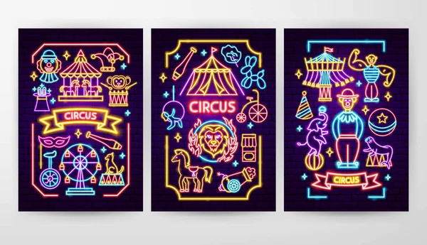 Circus Flyer Concepten Vector Illustratie Van Entertainment Festival Gloeiende Posters — Stockvector