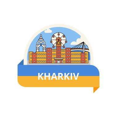 Etiket Harkiv Düz Çizgi Kavramı. Ukrayna Üniversitesi Ülke Mimarisinin Vektör İllüstrasyonu.