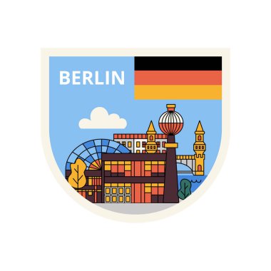 Berlin Flat Line Concept etiketi. Almanya Üniversitesi Ülke Mimarisinin Vektör İllüstrasyonu.
