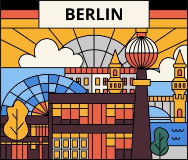Berlin Yassı Çizgi Kavramı. Almanya Üniversitesi Ülke Mimarisinin Vektör İllüstrasyonu.