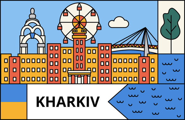 Kharkiv Flat Line Banner. Vector Illustration of Ukraine University Country Architecture.