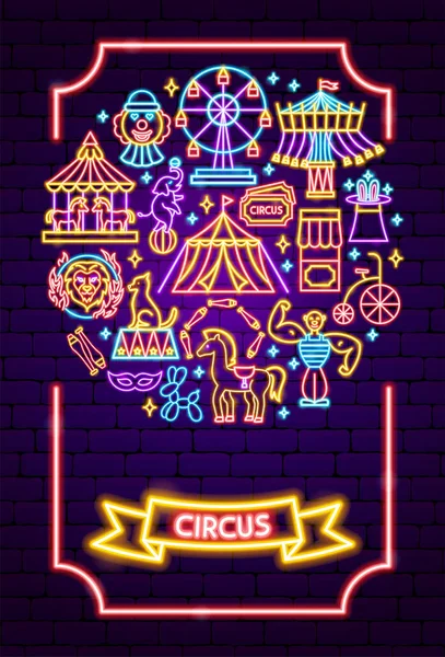 Circus Show Neon Poster Vector Illustratie Van Entertainment Festival Gloeiend — Stockvector