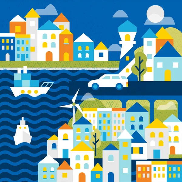 Noční Mořská Krajina Vektorová Ilustrace Ukrajinského Města Mává Vodou Budovami — Stockový vektor