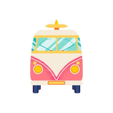 Sörf Van Front Görünümü izole edildi. Beyaz Arkaplan Üzerindeki Gezgin Nesne için Düz Arabanın Vektör İllüstrasyonu.