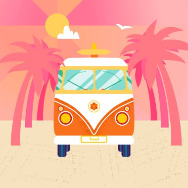 Yaz Tropik Minibüsü. Sörf ve Boş Zamanlar İçin Düz Arabanın Vektör İllüstrasyonu.