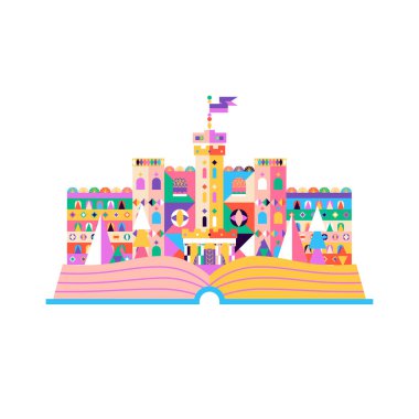 Peri Masalı Şatosu Açık Kitabı. Sihirli Fantezi Binası 'nın Vektör İllüstrasyonu. Okuma Festivali Nesnesi Beyazın Üzerinde İzole Edildi.