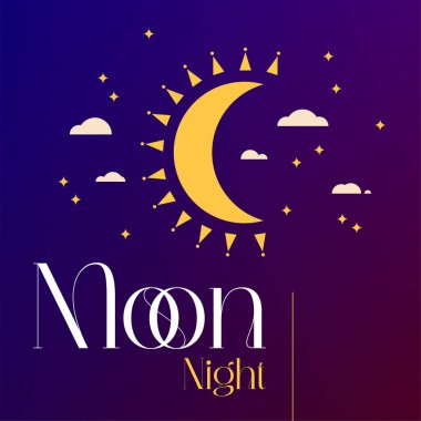 Gece Ay Konsepti. Bulut ve Yıldızlarla Sihirli Fantezi Tanıtımının Vektör İlülasyonu.