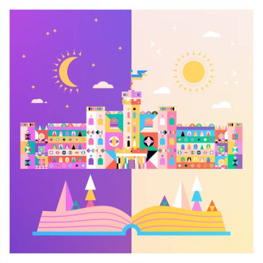 Gece Şatosu Konsepti. Sihirli Fantezi Binası 'nın Açık Kitap Tanıtımlı Vector Illustration' ı. Ay ve Güneş.