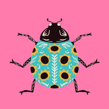 Mavi ayçiçeği uğur böceği. Böceğin Vektör İllüstrasyonu. Doğal Dekor Hayvanı. Çiçeklerle Süsleme.