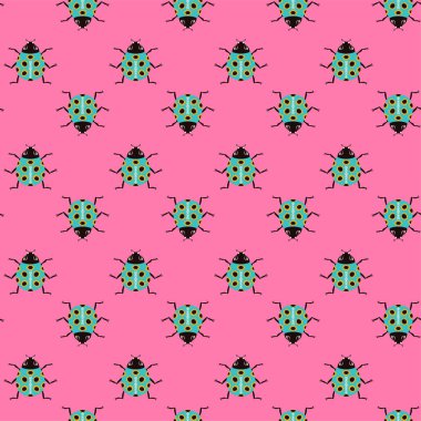 Mavi Uğurböceği Kusursuz Şablon. Böceğin Vektör İllüstrasyonu. Doğal Dekor Hayvanı. Ayçiçeği süsü.