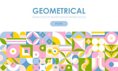 Geometrik Pastel Banner. Moda Çağdaş Sanatın Vektör İllüstrasyonu. Arka plan dekorasyonu. Renkli Şekil Elementleri. Bauhaus Biçimi.