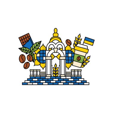 Ukrayna çikolatalı kahvesi. Harkiv Ukrayna Şehir Çeşmesi Heykeli 'nin Vektör İllüstrasyonu. Naneli Ayçiçeği ve Avrupa Mimarisi.