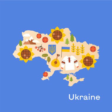 Ukrayna Harita Sembolleri Konsepti. Ukrayna Ulusal Avrupa Ülke Nesnelerinin İllüstrasyonu.