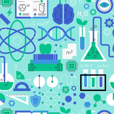 Fizik Kimya Biyolojisi Kusursuz Desen. Katı Renkli ve Özet Eğitim Geçmişinin Vektör İllüstrasyonu. Mekanik ve Optik İşareti. Laboratuvar Dokusu..