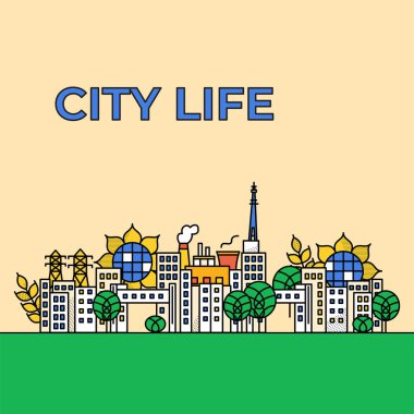 Kharkiv Ukrayna Şehir Hayatı. Taslak ve Katı Renkli Kasaba 'nın Vektör İllüstrasyonu. Binalar ve mimarlık. Ayçiçeği ve Ağaç..