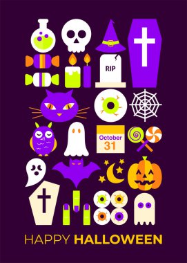 Mutlu Cadılar Bayramı Şirin Kartpostalları. Düz Biçim Arkaplanının Vektör İllüstrasyonu. Şeker mi şaka mı kartı mı? Korkunç Parti Konsepti. Korkunç Tatil.