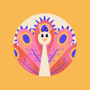 Tavuskuşu Çemberi Simgesi. Raster Hand Çizgi Film Tarzı Çizim Kavramının Çizilmiş Çizimi. Kuş Tüylü Kuş Surat.