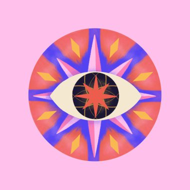 Göz Yıldızı Çemberi Simgesi. Raster Hand Çizgi Film Tarzı Çizim Kavramının Çizilmiş Çizimi. Pembe ve Kırmızı.