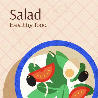 Salata, sağlıklı yemek. Cafe Menü 'nün Vektör İllüstrasyonu. Flatlay masada. Metin Tipografi Posteri. Düz Üst Görünüm Tasarımı. Taze Domates Yaprağı.